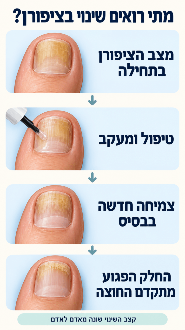 כיצד שינוי בציפורן עשוי להופיע בהדרגה עם צמיחתה במהלך טיפול ומעקב